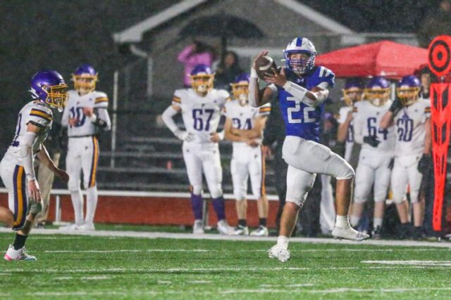 SUTHERLIN — The Sutherlin High School football team shut out Elmira 49-0 in a wet, rainy game Friday night in Sutherlin. 

"We started the first half a little slow, which kind of seems like something we need to work on. But overall, we came out with a win, so that's going to help us," senior Beau Olsen said. "Hopefully, those guys can work in practice, get a little bit better, and go win a couple games for us." 

Sophomore Braxton Gary was 4-for-13 passing, with 89 yards, one touchdown and one interception. 

Sutherlin head coach Bret Prock said while the incompletions were the team trying to score before halftime, the interception was mostly due to the weather. 

Eden Cardoza caught two catches for 34 yards and one touchdown.

"Blocking overall is a lot better (than last game)," Cardoza said. "We prepped it all week, really got on the line, which I love my big boys. They do their job, so it's somewhat easy from there."

For More Information Please Visit www.nrtoday.com