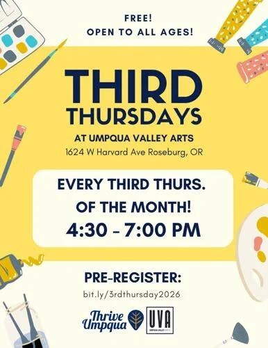 Thrive Umpqua and Umpqua Valley Arts are holding a Third Thursday event this week at UVA on West Harvard Avenue in Roseburg.

The open house will give attendees an opportunity to enjoy local art, connect with others, and spend time creating. The evening runs from 4:30 p.m. to 7:00 p.m. and includes beverages, snacks and a hands-on creative activity. This month, Rain Allen will lead participants in creating Zentangles. Participants will learn the basics of the Zentangle Method, a mindful and relaxing drawing practice that uses simple, repetitive patterns to create abstract artwork. Attendees will learn several beginner-friendly tangles and complete their own Zentangle tile. No drawing experience is necessary and all supplies are included.

For More Information Please Visit www.nrtoday.com