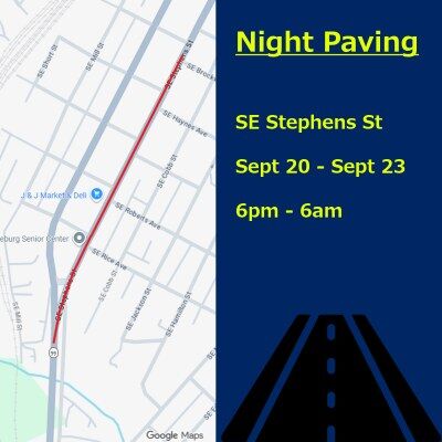 Overnight paving on Southeast Stephens Street in Roseburg will begin on Sunday, September 20th, and continue through Wednesday morning, September 23rd, affecting traffic entering the downtown area.

A city release said a contractor will pave Southeast Stephens Street from the southern city limits near the Parrott House to Southeast Brockway Avenue. Work is scheduled for Sunday, Monday and Tuesday nights, generally from 6:00 p.m. to 6:00 a.m. each night.

Motorists entering downtown through the work area should expect delays and detours. Traffic exiting downtown will not be affected.

Drivers are encouraged to allow additional travel time, follow posted detours and traffic-control directions, and use caution around crews and equipment.

For More Information Please Visit www.nrtoday.com