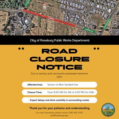 The closure of a section of West Goedeck Avenue in Roseburg has been extended through 5:00 p.m. Monday, Oct. 26, while crews continue sanitary sewer work serving the wastewater treatment plant, operated by the Roseburg Urban Sanitary Authority.A city release said the road was originally expected to reopen at 5:00 p.m. Monday, Oct. 19. The closure affects West Goedeck Avenue east of Old Melrose Road toward Lookingglass Road.Motorists should continue using alternate routes, allow additional travel time, follow posted traffic-control signs and drive cautiously near crews and equipment.For More Information Please Visit www.nrtoday.com
