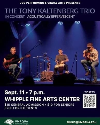 Umpqua Community College Performing and Visual Arts Present the Tony Kaltenberg Trio in concert on Friday, September 11th at 7:00 p.m. in Centerstage at the Whipple Fine Arts Center.

Kaltenberg will appear with bassist Michael Manring and percussionist Jerod Kapllan. The trio is described as an “acoustically influenced effervescent power trio for the 21st century”.

Admission is at the door: $15 for adults, $10 for seniors with students admitted for free.

For More Information Please Visit www.nrtoday.com