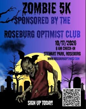Roseburg Optimist Club will have a 5K Zombie Run fundraising event this fall.

An Optimist release said it will take place on Saturday, October 17th in Roseburg’s Stewart Park. Check-in time is 8:00 a.m. with the race starting at 9:00 a.m.

Runners will endure the event, running through a zombie-invested course while they evaluate their speed, endurance and strength trying to avoid ravenous zombies! Runners will be given flags to wear on one side of their waist, like flag football. The flags represent their health. Zombies will try to steal those flags throughout the course. The 5K race is not recommended for children underage six. However, parents with strollers or dogs on leashes are welcome.

All participants will receive a free 5K Zombie Run T-shirt. A commemorative finisher medallion, race bib and snacks will be provided by Thrive Umpqua. Commemorative medallions will be for health races and those infected racers. Infected racers are those who have lost their flags to a zombie during the race.

Optimist organizer Val Gordon said the 5K Zombie Run was founded to celebrate happiness, healthiness and friendship. Gordon said all proceeds raised will support the Optimist Club’s youth programs, including Chalk Art in the Park, school snack packs, school hygiene kits, and the club’s Safety Day Program for schools.

For More Information Please Visit www.nrtoday.com