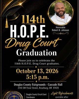 The Douglas County H.O.P.E. Drug Court will celebrate its 114th graduation ceremony on Tuesday, October 13 at 5:15 p.m. in Cascade Hall at the Douglas County Fairgrounds.

A release from the H.O.P.E. Drug Court said drug court graduation is about much more than completing a program. It is an opportunity to hear directly from graduates about their recovery journeys, recognize the challenges they have overcome, and see what can happen when accountability, treatment, opportunity, and community support come together.

For More Information Please Visit www.nrtoday.com