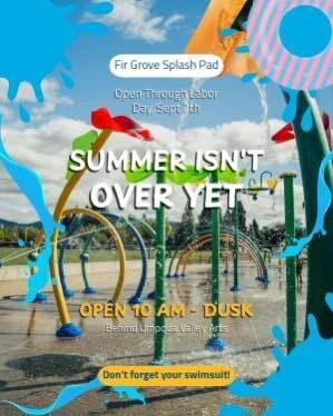 Roseburg’s Fir Grove Park Splash Pad is open daily from 10:00 a.m. to dusk through Labor Day Monday, September 7th. After that it will be closed until next summer.

A city release said the interactive spray park offers people of all ages a free way to stay active and cool during Roseburg’s late-summer heat.

Due to limited shade. Roseburg Parks and Recreation staff encourage visitors to bring water, sunscreen, hats and sunglasses.

The Slash Pad is just off West Harvard Avenue behind the Umpqua Valley Arts Center.

For more information please visit www.nrtoday.com