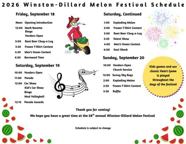 The 58th annual Winston-Dillard Melon Festival will take place Friday, September 18th, through Sunday, September 20th, at Riverbend Park in Winston. This year’s theme is “Watermelon Wonderland.”

A release from festival organizers said the event is a longstanding Winston-Dillard community tradition. The first festival was organized by the Winston-Dillard Lions Club in 1969. Its history is connected to the area’s melon-growing heritage, which dates to the late 1800s. By the 1940s, melons grown in the area were being shipped under the “Pride of Dillard” name.

The three-day festival will include live entertainment, food and craft vendors, children’s games, bingo, mud volleyball, a parade, car shows, a talent show and several traditional festival contests. Children’s games and the festival’s classic Heart Game will be played throughout the weekend.

For More Information Please Visit www.nrtoday.com