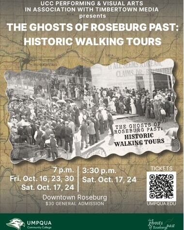 Umpqua Community College Performing and Visual Arts presents “The Ghosts of Roseburg Past: Historic Walking Tours beginning next week in downtown Roseburg.

Tours will take place October 16th through October 24th. They will be held Thursday through Saturday nights at 7:00 p.m. and Saturday afternoons at 3:30 p.m. Tickets are $30 per person.

For More Information Please Visit www.nrtoday.com